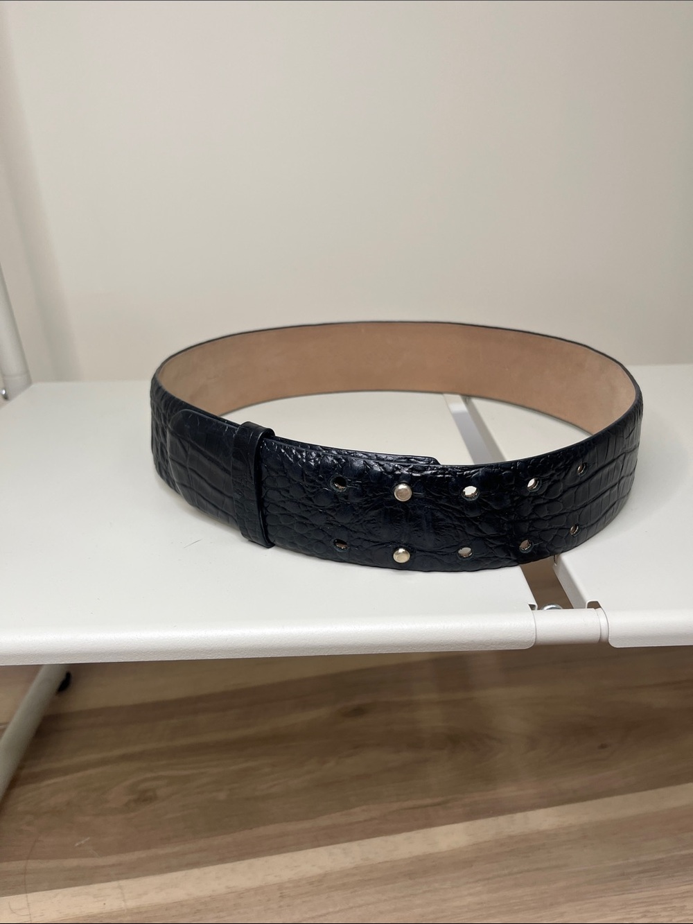 Ann Taylor Wide Black Croc-Embossed Leather Belt with Silver Studs